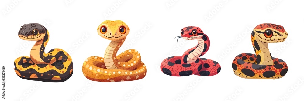 Fototapeta premium Collection of cute snake in flat style isolated on transparent background. Generated AI