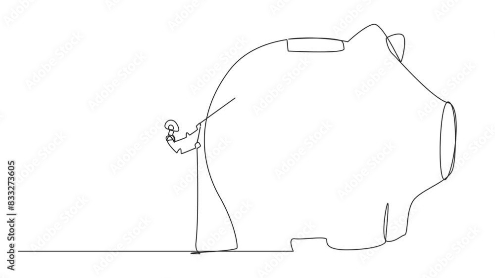 Animated self drawing of continuous line drawing smart robot climbing piggy bank with rope. Entrepreneur working hard to make investments preparing for retirement. Full length single line animation Animated self drawing of continuous line drawing smart robot climbing piggy bank with rope. Entrepreneur working hard to make investments preparing for retirement. Full length single line animation