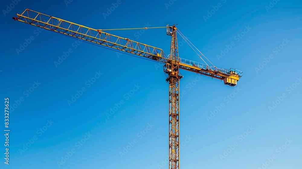 Yellow construction crane extended against plain backdrop Yellow construction crane extended against plain backdrop