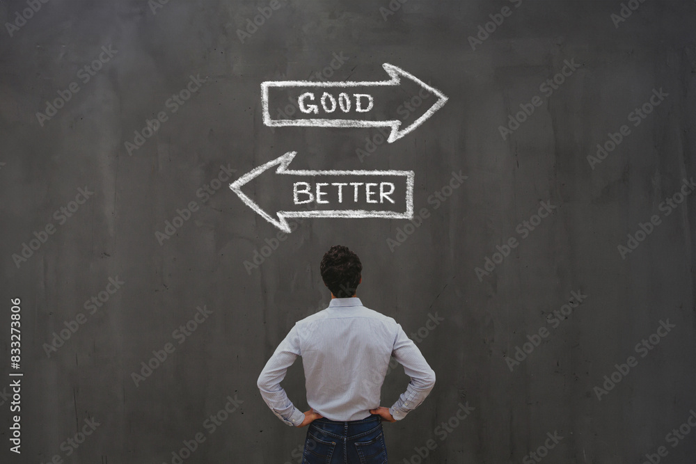 comparison, optimization and improvement concept, good vs better arrows on chalkboard comparison, optimization and improvement concept, good vs better arrows on chalkboard