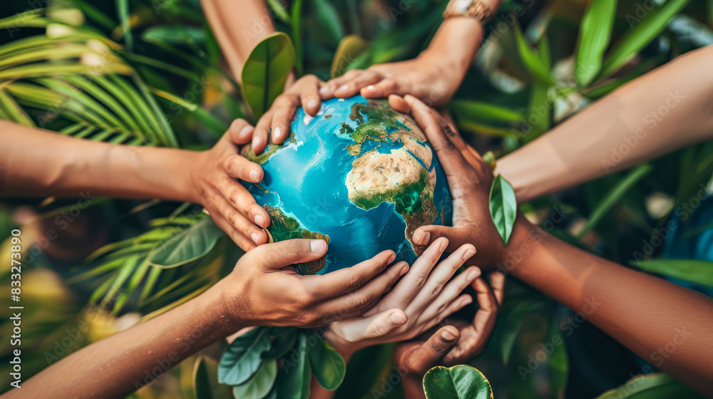 Multiple hands of diverse skin tones coming together to hold Earth globe, symbolizing unity, diversity, global cooperation and politics, Earth protection, world peace, ecology. Earth day. Copy space Multiple hands of diverse skin tones coming together to hold Earth globe, symbolizing unity, diversity, global cooperation and politics, Earth protection, world peace, ecology. Earth day. Copy space
