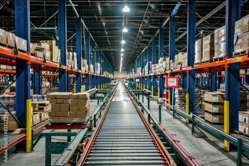 Professional Photography of conveyor systems transporting goods through different sections of the distribution center, Generative AI
