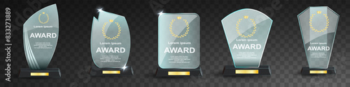 Glass award trophy set. Transparent prize template. Winner first place concept. Vector illustration. Winner glass trophy. First place award, crystal prize and signed acrylic trophies. Glass awarding t
