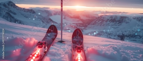 Futuristic skis with glowing elements, durable poles, and a serene snowy landscape, Neon, Digital, Bright highlights, Cuttingedge skiing equipment photo