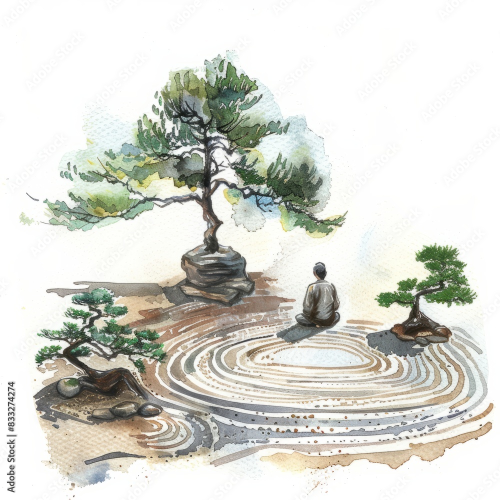 Watercolor painting of a meditating individual in a serene Japanese Zen garden, with meticulously raked sand and bonsai trees, on isolated white, Generative AI