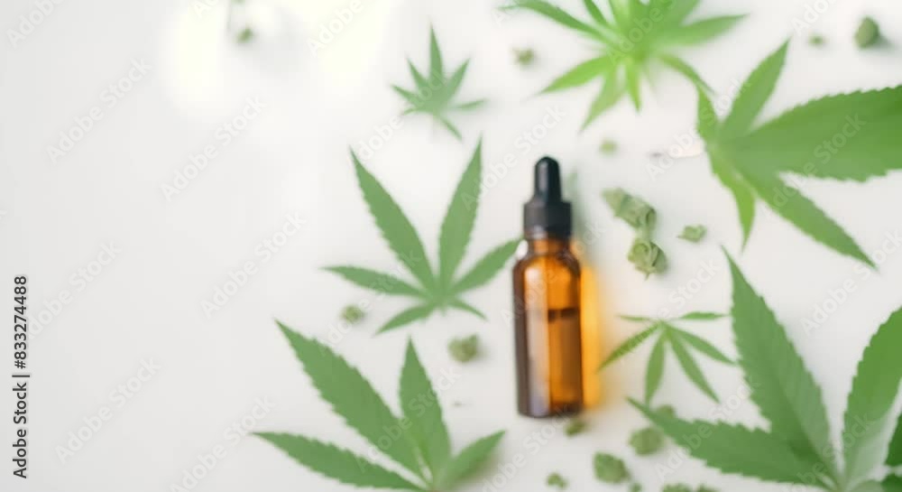 CBD Oil Dropper Bottle with Cannabis Leaves on White Background - Copy Space. Concept Product Photography, CBD Oil, Dropper Bottle, Cannabis Leaves, White Background CBD Oil Dropper Bottle with Cannabis Leaves on White Background - Copy Space. Concept Product Photography, CBD Oil, Dropper Bottle, Cannabis Leaves, White Background