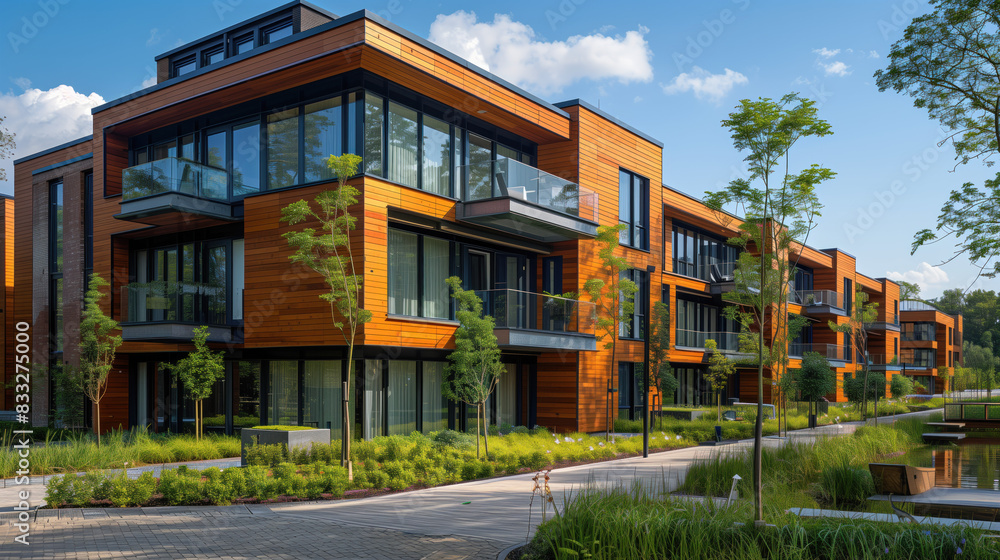 An elegant residential building with a well-kept facade and landscaped territory. The concept of real estate construction, new neighborhoods with a green area An elegant residential building with a well-kept facade and landscaped territory. The concept of real estate construction, new neighborhoods with a green area