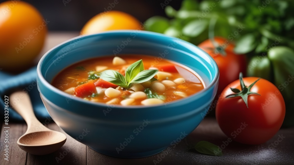 A warm bowl of vegetable soup, garnished with fresh basil leaves. The soup is colorful, featuring a mix of carrots, beans, and other vegetables. Perfect for a healthy meal A warm bowl of vegetable soup, garnished with fresh basil leaves. The soup is colorful, featuring a mix of carrots, beans, and other vegetables. Perfect for a healthy meal