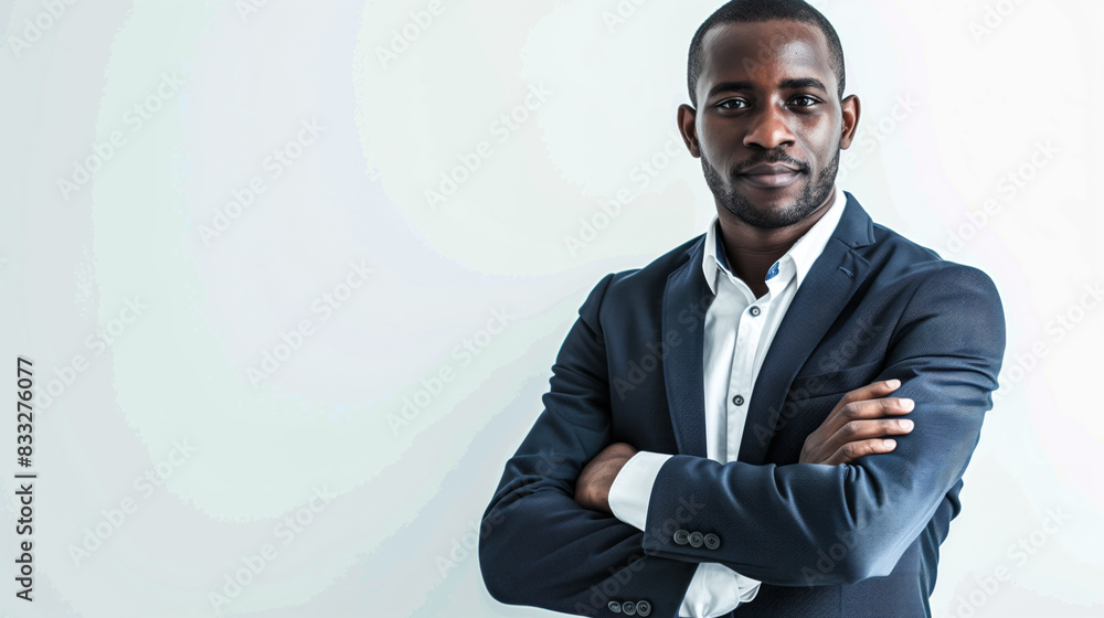 African corporate man standing with arms crossed African corporate man standing with arms crossed
