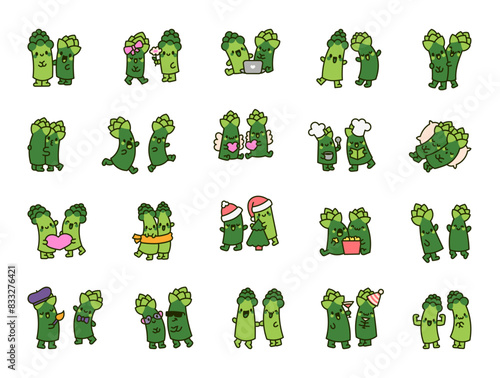 Couple asparagus cute cartoon characters. Funny charming friends. Hand drawn style. Vector drawing. Collection of design elements.