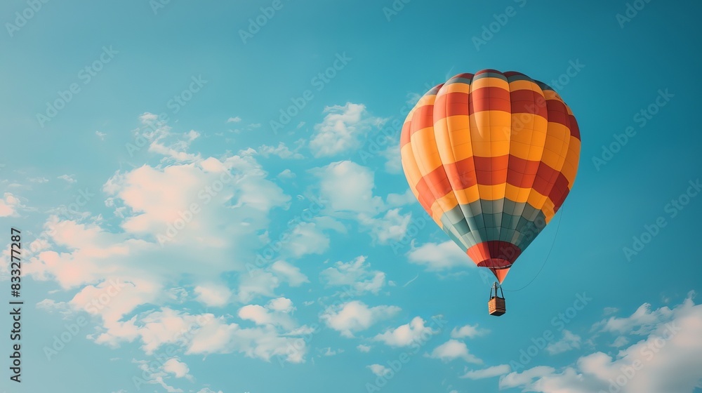 Fototapeta premium Hot Air Balloon Ride in blue sky white clouds background for wide banner of travel agency or adventure tour,Aerostat flying above clouds,International Balloon Fiesta.