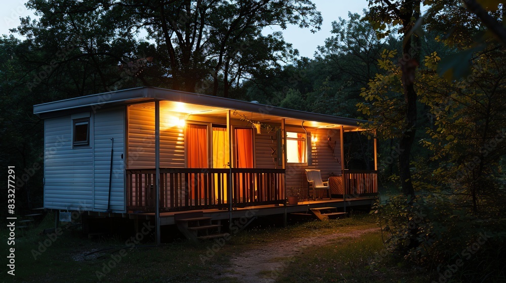 Sunset Illuminates Mobile Home in the French Woods. Generative Ai