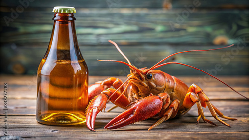 Boiled crayfish and beer on a wooden table photo