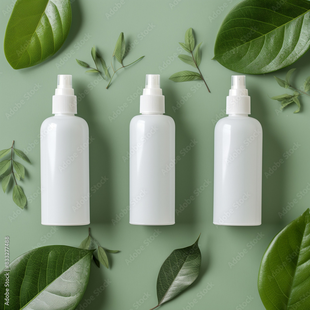 Three refillable water bottles with condensation droplets stand clustered together against a backdrop of lush green leaves. The image evokes feelings of refreshment, hydration, and healthy living. Three refillable water bottles with condensation droplets stand clustered together against a backdrop of lush green leaves. The image evokes feelings of refreshment, hydration, and healthy living.