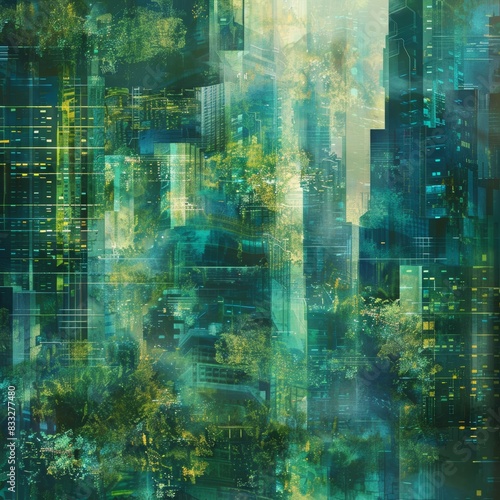 Cityscape that blends architectural elements with natural forms  illustrating a futuristic city where urban living nature coexist beautifully  palette of greens  blues  and earth tones  ai generated