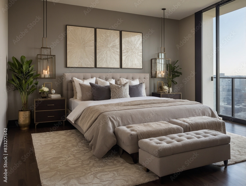Top View of Stylish Cozy Bedroom with Modern Decor Top View of Stylish Cozy Bedroom with Modern Decor