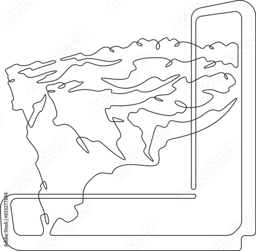 Folding modern smartphone. Mountain top peak. Mountain peak on the smartphone screen.One continuous line. Line art. Minimum one line. White background. One line drawing.