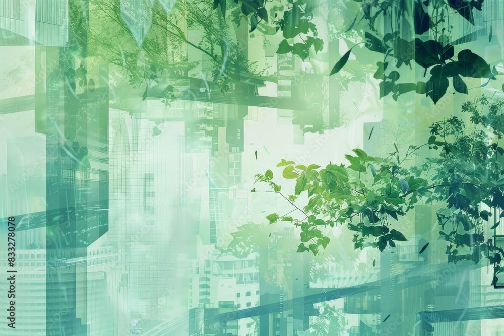 Cityscape that blends architectural elements with natural forms, illustrating a futuristic city where urban living nature coexist beautifully, palette of greens, blues, and earth tones, ai generated