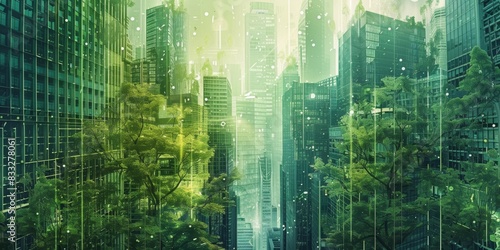 Cityscape that blends architectural elements with natural forms  illustrating a futuristic city where urban living nature coexist beautifully  palette of greens  blues  and earth tones  ai generated