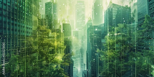 Cityscape that blends architectural elements with natural forms, illustrating a futuristic city where urban living nature coexist beautifully, palette of greens, blues, and earth tones, ai generated