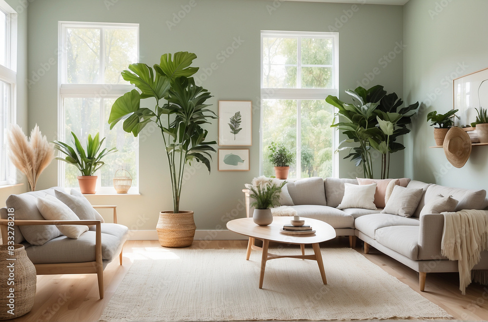 A bright and inviting living room featuring a comfortable couch, coffee table, and potted plants. The room has a neutral color scheme with pops of green and brown A bright and inviting living room featuring a comfortable couch, coffee table, and potted plants. The room has a neutral color scheme with pops of green and brown