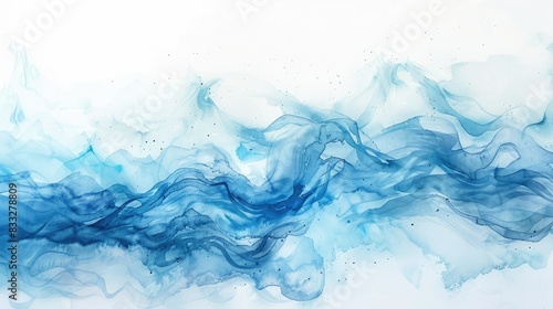 An abstract blue watercolor background with clouds and fog in Chinese ink painting, white sky , brushstrokes with waves, global warming, Generative AI.