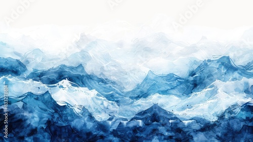 An abstract blue watercolor background with clouds and fog in Chinese ink painting, white sky , brushstrokes with waves, global warming, Generative AI.