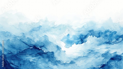 An abstract blue watercolor background with clouds and fog in Chinese ink painting, white sky , brushstrokes with waves, global warming, Generative AI.