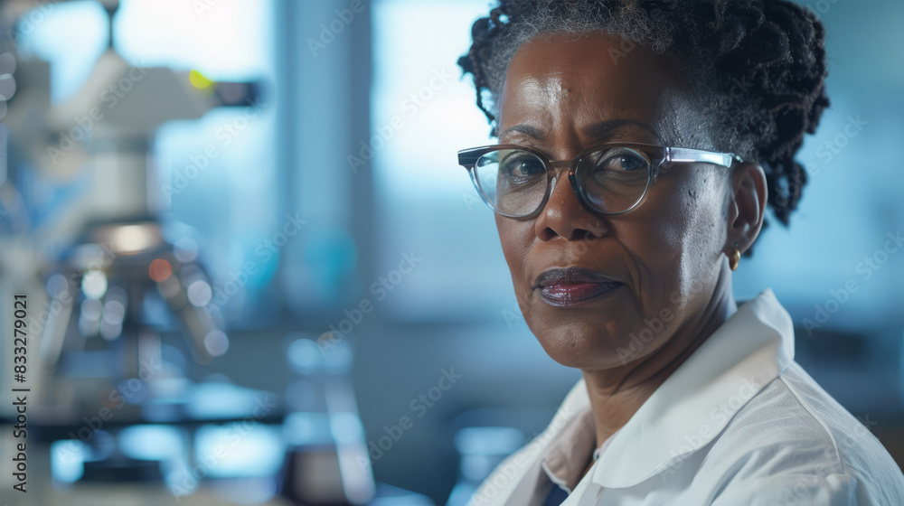 Confident black female scientist in laboratory. Portrait of a serious senior black woman wearing glasses and a lab coat in a laboratory setting, conveying expertise and professionalism. Confident black female scientist in laboratory. Portrait of a serious senior black woman wearing glasses and a lab coat in a laboratory setting, conveying expertise and professionalism.