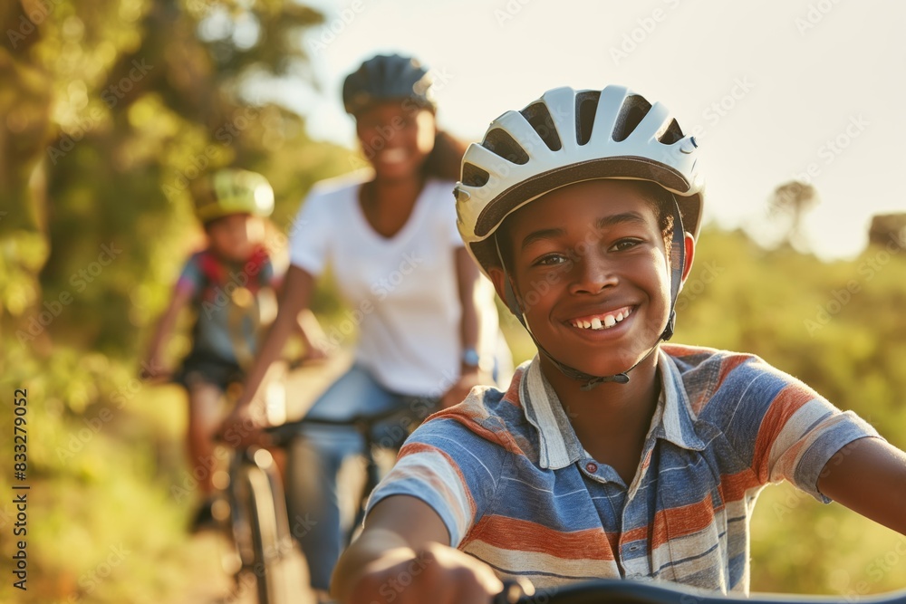 Joyful boy leads a bike ride with his family on a scenic trail, enjoying the warmth of a sunny day together