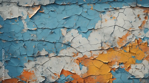 Close-up of vibrant aged wall with peeling blue white and orange paint