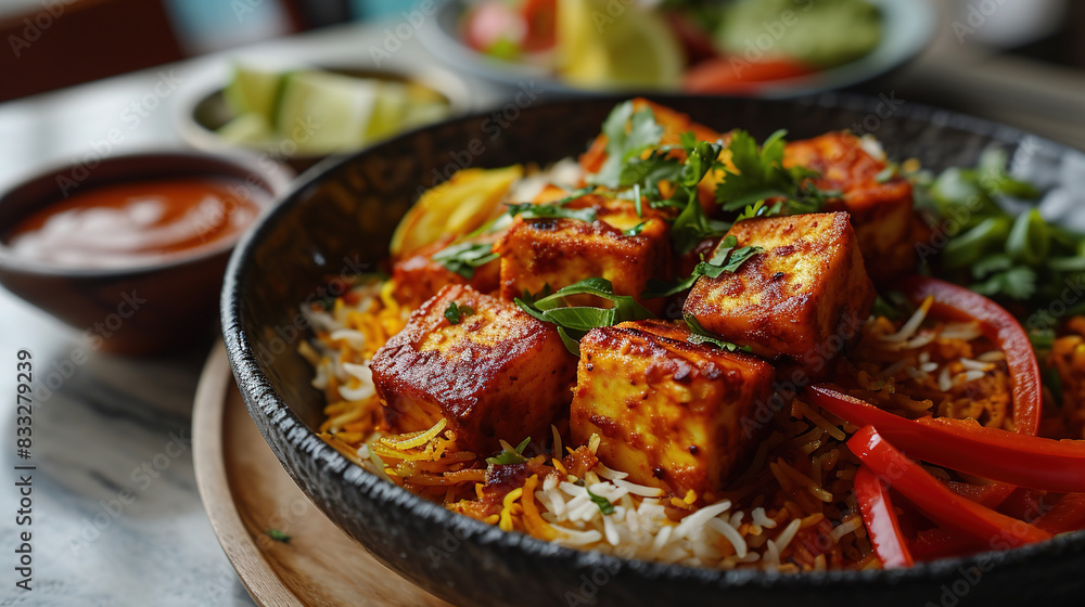 Bowl of Fresh Delicious Paneer Tikka Masala and White Rice Served On Table On Blur Background Bowl of Fresh Delicious Paneer Tikka Masala and White Rice Served On Table On Blur Background