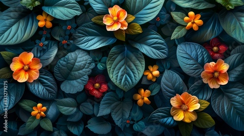 Bright orange and red tropical flowers stand out against a backdrop of dark green leaves in a dense floral pattern