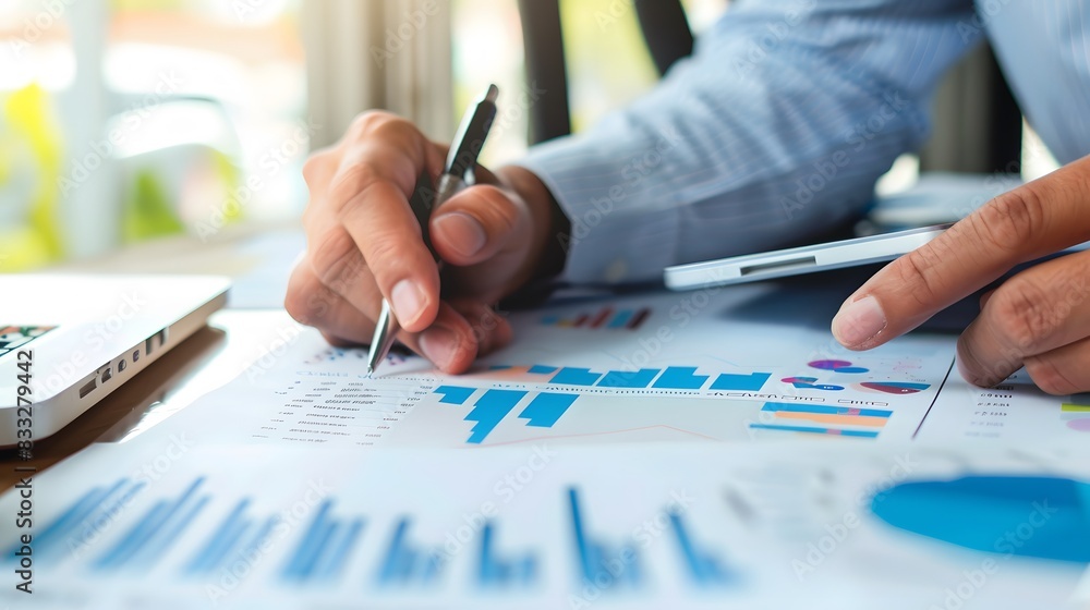 Close-up of a business professional analyzing financial charts and graphs, highlighting data analysis and decision-making processes in a modern office setting. Close-up of a business professional analyzing financial charts and graphs, highlighting data analysis and decision-making processes in a modern office setting.