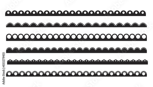 Scalloped edge border frilly stroke divider black silhouette stripe, tape collection isolated on white background. Traditional simple ornament with circles, embroidery ribbon.