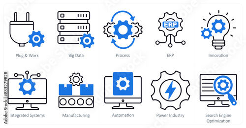 A Set of 10 Industrial icons as plug and work, big data, process
