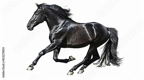  A majestic black stallion  its powerful form standing out against a transparent background  captured in stunning high definition.
