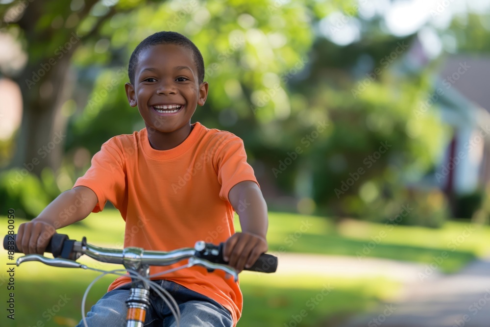 Fototapeta premium Happy boy enjoying a joyful childhood bike ride in the sunny. Suburban neighborhood. Experiencing the freedom and happiness of outdoor leisure activity and healthy lifestyle