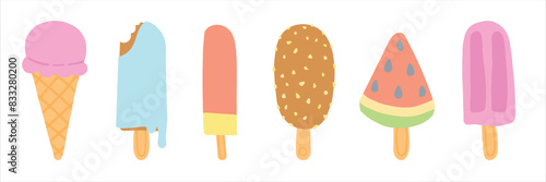 Colorful ice cream and popsicles illustration featuring various flavors and styles on a white background.