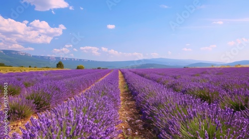 Sun-drenched lavender field in Provence France teeming with vibrant purple blooms under the clear blue July sky