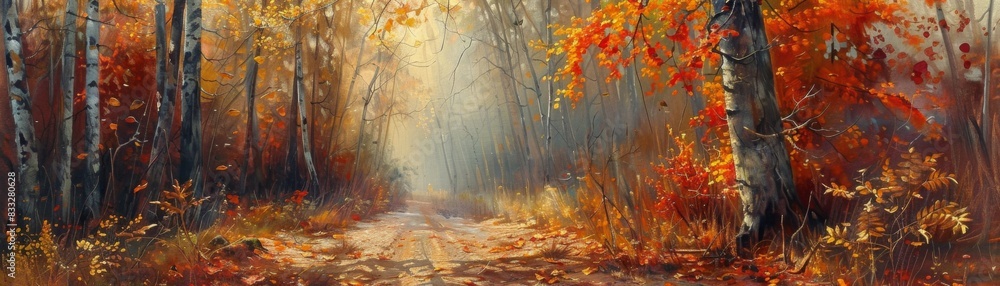 Sunlit Autumn Forest Path with Colorful Leaves