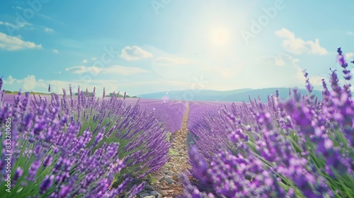 Sun-drenched lavender field in Provence France teeming with vibrant purple blooms under the clear blue July sky