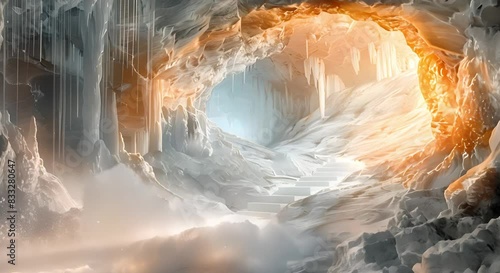 Digital art of icy cave in mountain glacier with stalactites. Concept Illustration, Glacier Cave, Stalactites, Mountain, Digital Art photo