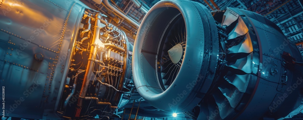 Detailed view of a jet engine with sleek metallic surfaces in a well ...