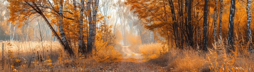 Sunlit Autumn Forest Path with Colorful Leaves