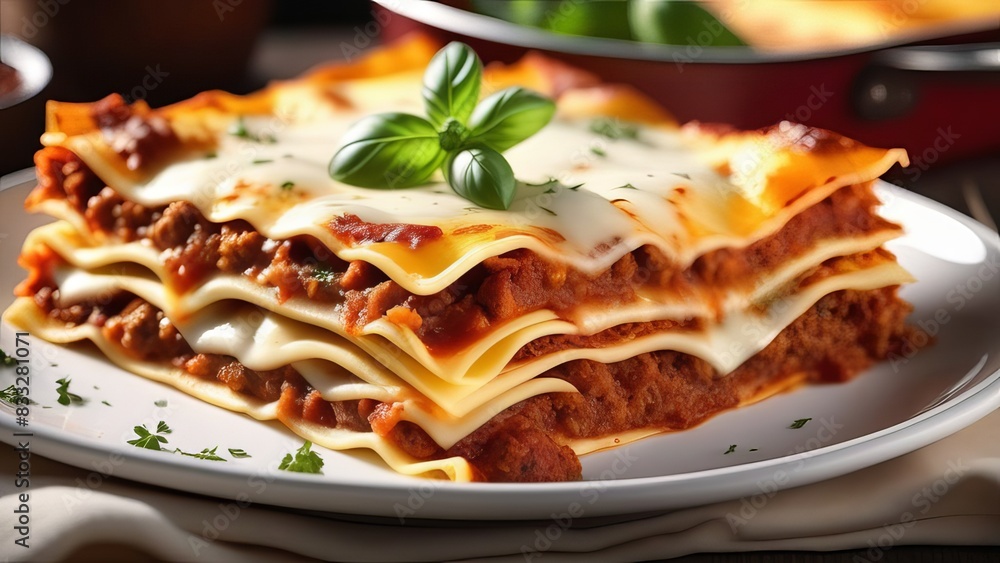 A traditional lasagna slice, showcasing layers of pasta, rich meat sauce, and creamy cheese, garnished with fresh basil leaves. The dish looks incredibly appetizing and ready to eat A traditional lasagna slice, showcasing layers of pasta, rich meat sauce, and creamy cheese, garnished with fresh basil leaves. The dish looks incredibly appetizing and ready to eat