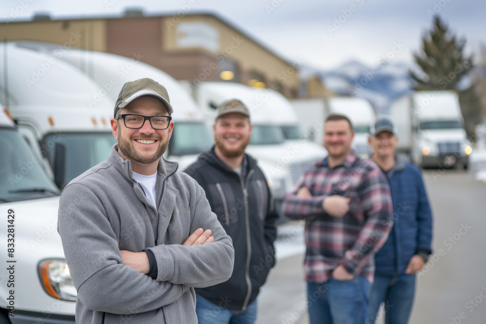 Smiling man in focus with his fellow truckers lined up, showcasing camaraderie at an industrial parking lot with trucks and mountains Smiling man in focus with his fellow truckers lined up, showcasing camaraderie at an industrial parking lot with trucks and mountains