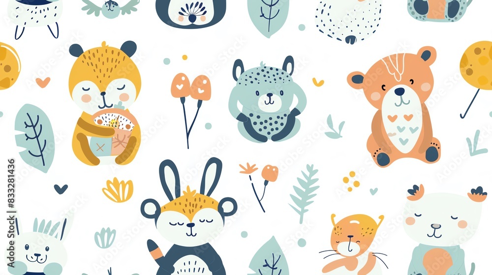 Hand-drawn seamless pattern with cute cartoon animals holding toys, showcasing a sweet and imaginative children's theme Hand-drawn seamless pattern with cute cartoon animals holding toys, showcasing a sweet and imaginative children's theme