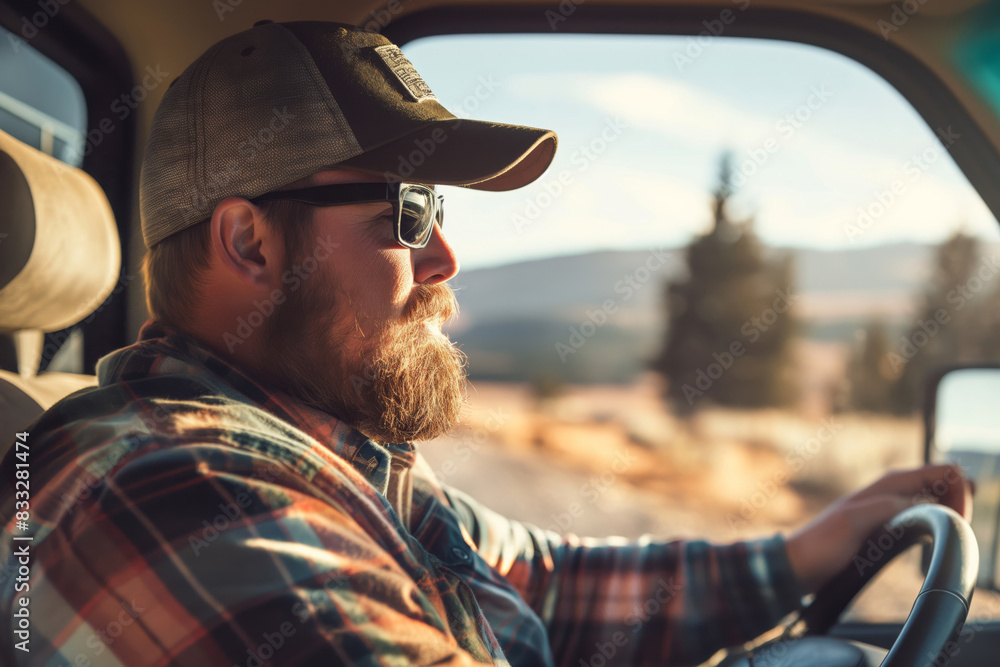 Bearded man in a cap contentedly drives a vehicle on a sunny day , exploring scenic routes Bearded man in a cap contentedly drives a vehicle on a sunny day , exploring scenic routes