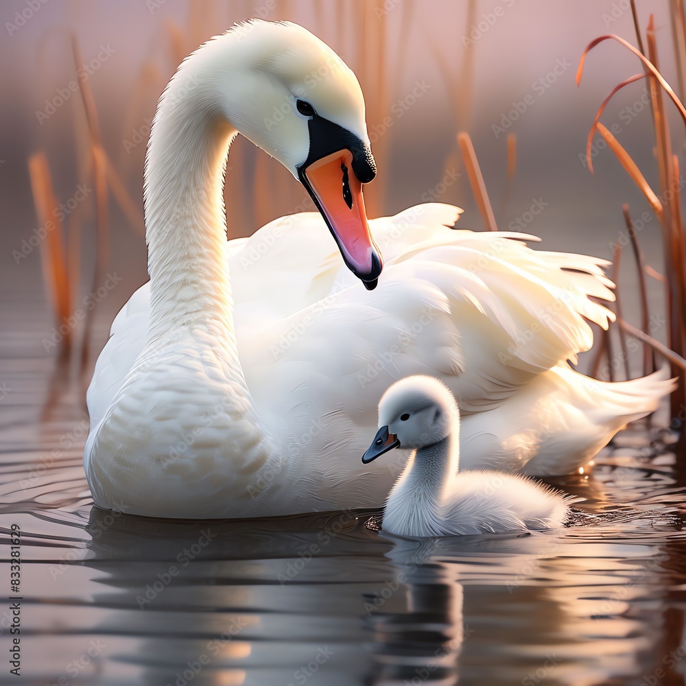 Fototapeta premium A mute swan mama and its baby on the river on the water
